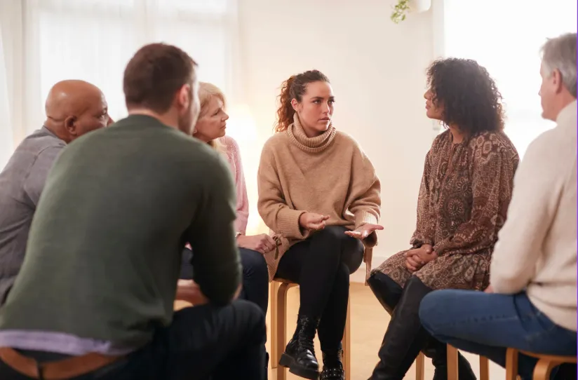 A group leader guiding a support group conversation